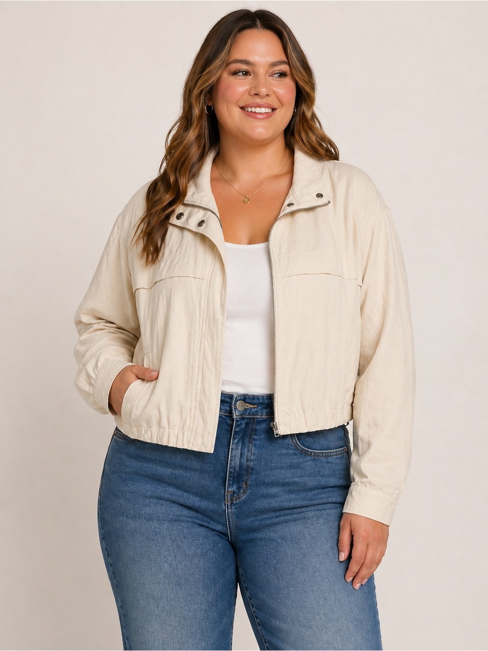 Nine West Cream Lightweight Jacket Size Large Casual Zip Front Neutral Layer